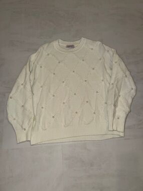 Nannette Cream Pearl-Embellished Cable Knit Crewneck Sweater